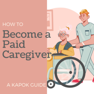 A man wheeling a senior, looking at how to become a paid caregiver