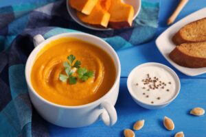 A bowl of pumpkin curry, one of many delicious pureed foods for seniors