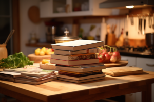 A stack of cookbooks in a kitchen, as an example of cookbooks for caregivers