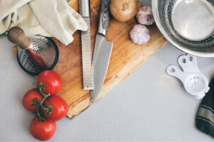 Ingredients and kitchen tools, used to prepare food for seniors